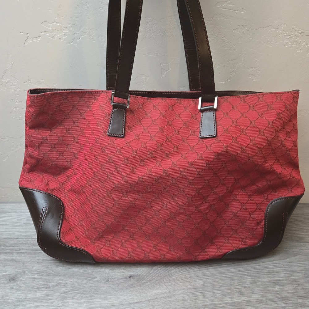 Lauren Ralph Lauren Red Tote Large Monogram Jacquard Leather Trim Preppy Bag